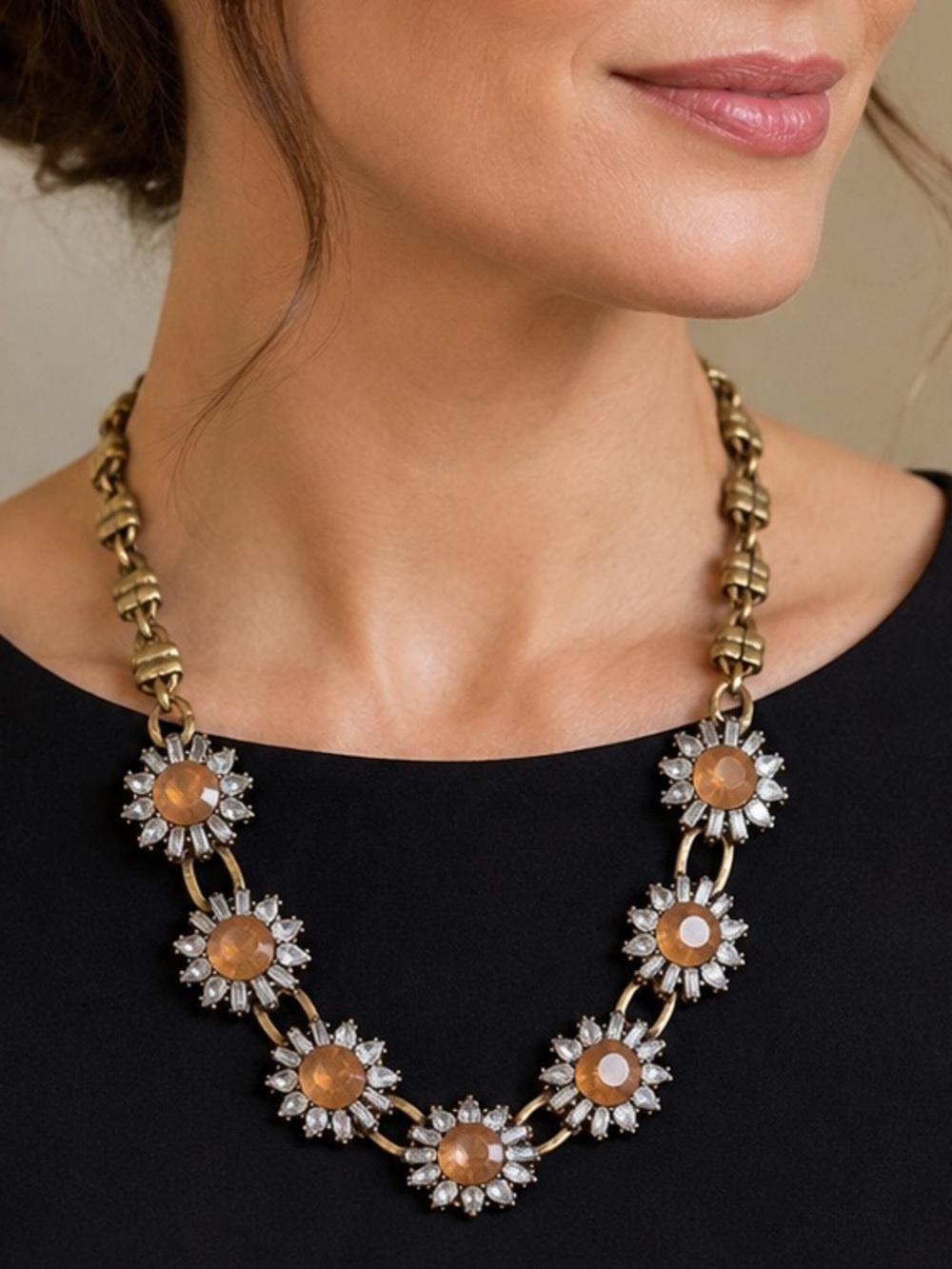 Vintage Floral Rhinestone Statement Necklace Gold Tone Amber Tone